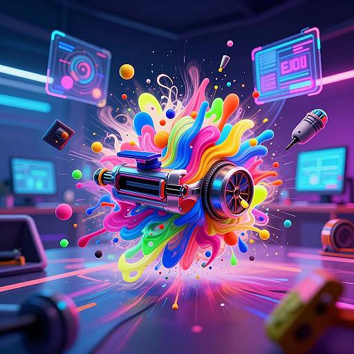 Vibrant digital artwork of a neon explosion surrounding a black car in a futuristic, neon-lit room with floating screens.