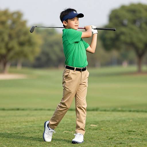 Photograph of an Asian teenage boy in a green shirt, beige pants, and navy cap, swinging a golf club on a grassy golf course with