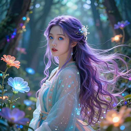 Digital artwork of a fair-skinned, purple-haired woman with blue eyes, wearing a translucent, floral-patterned robe, surrounded by glowing flowers in a