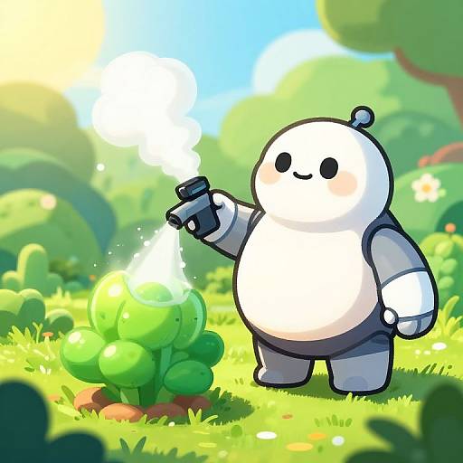 Cartoon panda with round body, black and white fur, holding spray can, bright sunlight, vibrant green bushes, sunny forest background.