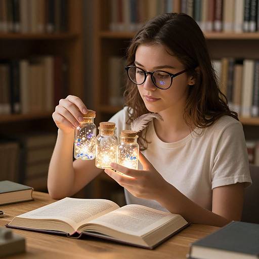 Photograph of a young woman with glasses, brown hair, and white shirt, reading a book while holding glowing mason jars with fairy lights in a