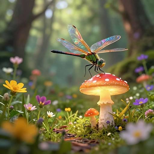 Photograph of a vibrant, iridescent dragonfly perched on a glowing red-and-white spotted mushroom amidst a lush, colorful forest meadow with