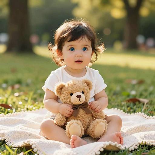 Photograph of a cute toddler with curly brown hair and blue eyes, sitting on a white blanket, holding a beige teddy bear, in a sunny
