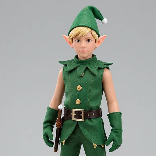 CGI image of a young elf with blonde hair, green outfit, pointed ears, black belt, gloves, and hat, standing against a light blue