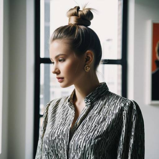 Woman with Top Knot Hairstyle in Art Gallery Woman with Top Knot Hairstyle in Art Gallery