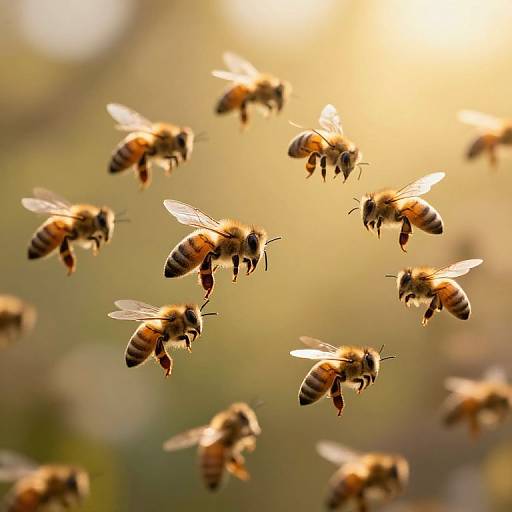 Photograph of a swarm of honeybees in mid-flight, with a blurred golden-yellow background. Bees have striped black and yellow bodies, translucent