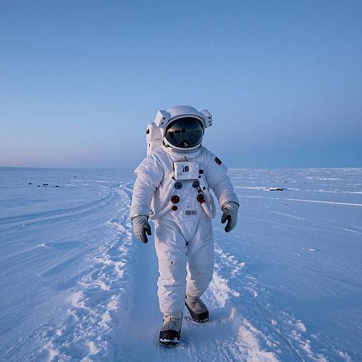 Photograph of an astronaut in a white spacesuit walking on a vast, icy blue landscape under a clear, bright blue sky.