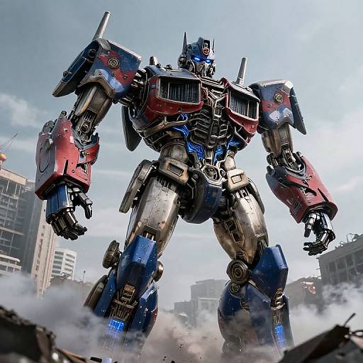 Photorealistic CGI of a towering, red and blue, robot warrior with metallic armor, standing amidst a cityscape, surrounded by smoke and debris.