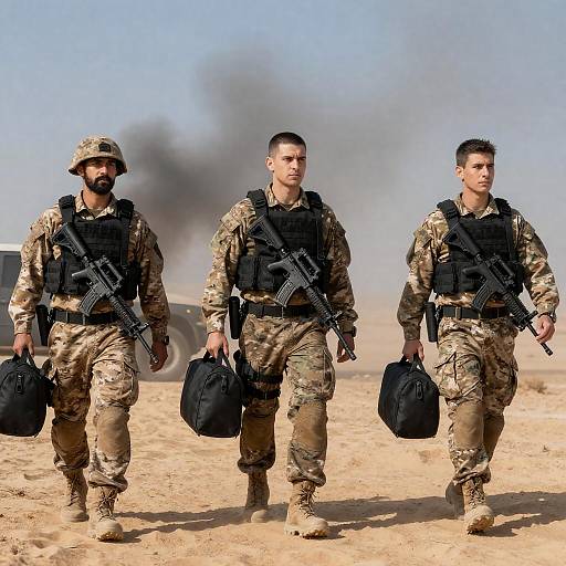 Three Soldiers Walking Across Desert with Tactical Gear