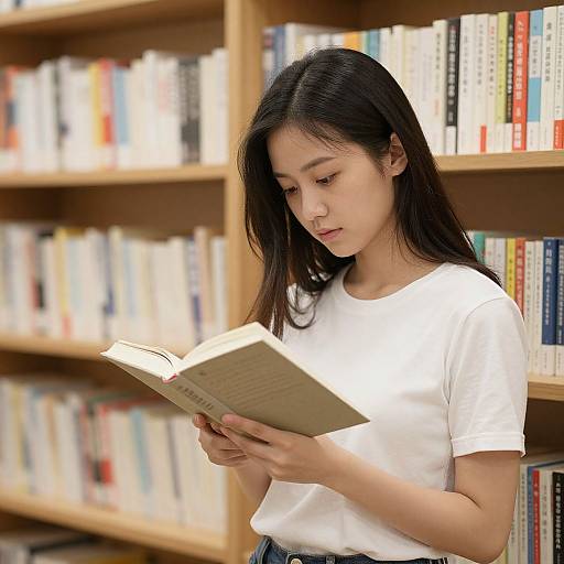 Asian woman with long black hair, wearing a white t-shirt, reading a book in a library with wooden bookshelves. Photograph.