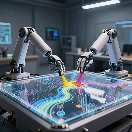 Photograph of two robotic arms painting vibrant neon patterns on a glowing, circuit-board-like surface in a high-tech laboratory.