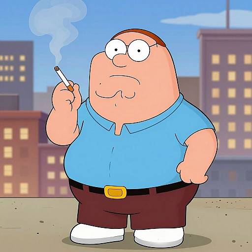 Cartoon of a bald, overweight man with round glasses smoking a cigarette, wearing a blue shirt, brown pants, and white shoes. Cityscape background