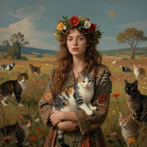 Hypnotic Lady with Cats in Surreal Field