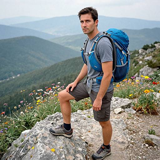 Photograph of a fit, young man with short dark hair, wearing a gray t-shirt, gray shorts, and blue backpack, standing on a rocky