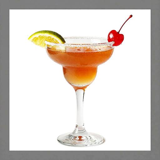 Photograph of a margarita glass with an orange drink, lemon slice, and red cherry on a white background.