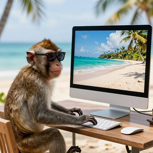 Monkey Typing on Beach Computer