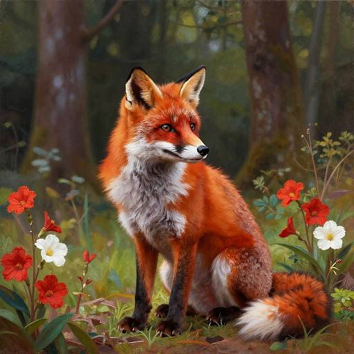 Photograph of a vibrant red fox with white underbelly, sitting in a lush forest, surrounded by red and white flowers.