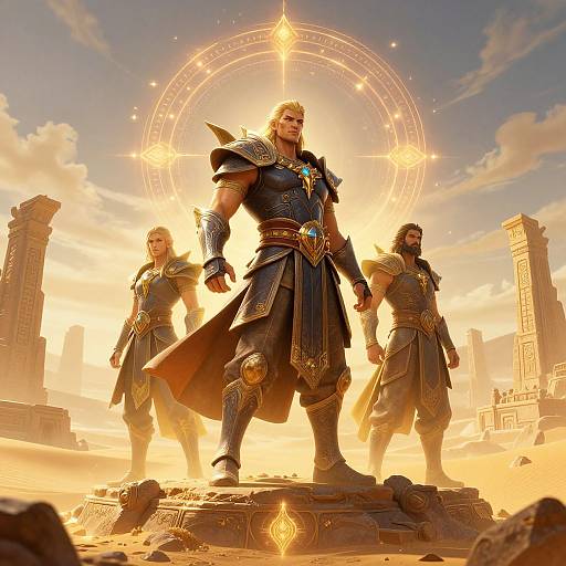 Digital art of three muscular, armored men standing on a stone pedestal, glowing golden circle behind, ancient ruins in background.