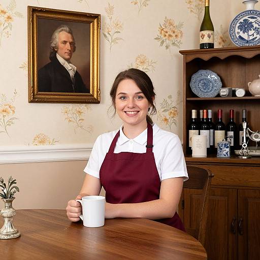 Photograph of a smiling woman with dark hair in a white shirt and maroon apron, holding a white mug, in a vintage room with floral
