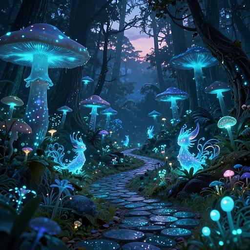 Fantastical forest scene at twilight, illuminated by glowing blue mushrooms and ethereal firefly-like creatures on a mystical, moss-covered path. Digital art