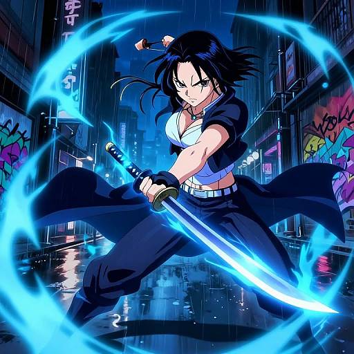 Anime-style digital artwork of a fierce, black-haired woman wielding a glowing blue sword in a rainy, neon-lit urban alley.
