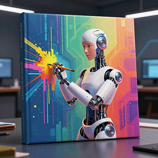 Digital artwork of a white and black humanoid robot with a sleek design, pointing at a bright yellow energy burst against a vibrant, neon-colored, circuit-pattern