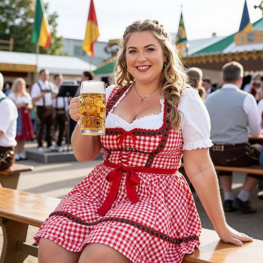 Photograph of a smiling, curvy woman with wavy blonde hair in a red-checkered dirndl, holding a foamy beer mug, at