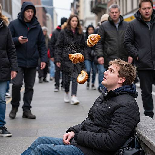 Photograph of a young man in a black jacket sitting on a city sidewalk, mid-air tossing five doughnuts, surrounded by blurred pedestrians in winter clothing