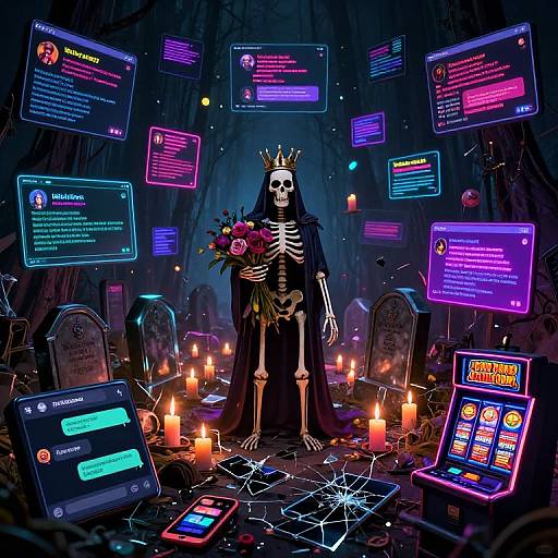 Skeleton King with Neon Internet Ads in Dark Graveyard