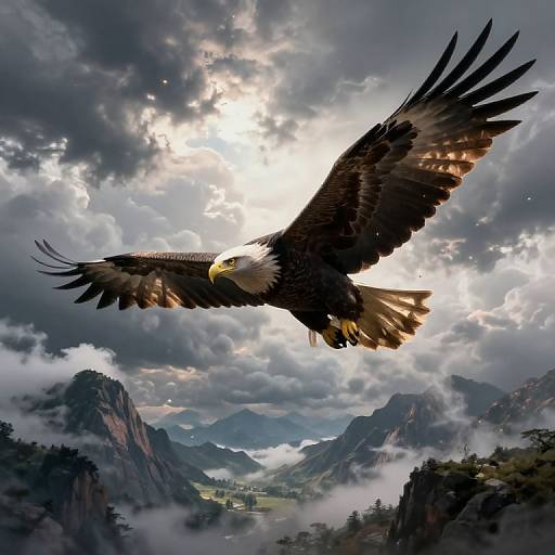 Photorealistic digital art of a majestic bald eagle soaring over dramatic, cloud-covered mountain peaks with sunlight breaking through.