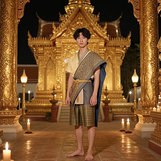 Young Asian man in traditional Thai attire, gold-embroidered sash, and plaid shorts, standing barefoot in front of a glowing,
