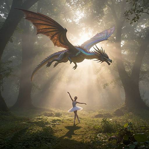 Digital artwork: A dancing ballerina in a white tutu stands beneath a majestic, glowing blue dragon with red wings in a sunlit forest.