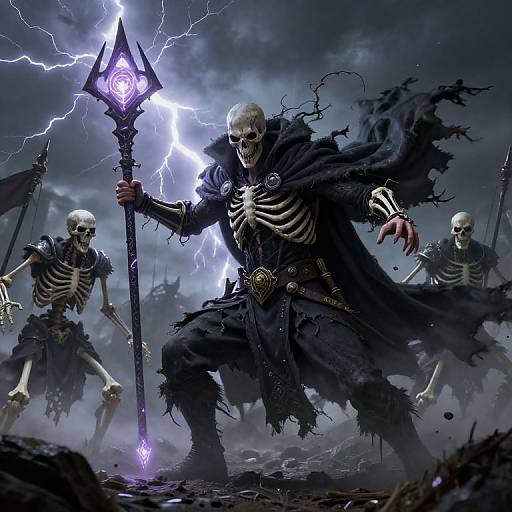 Digital art of three skeletal warriors with tattered black robes, holding glowing purple staffs, amidst lightning-filled stormy sky, standing on rocky terrain.
