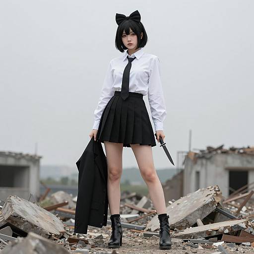 Anime Cosplayer in Urban Ruins Holding Knife