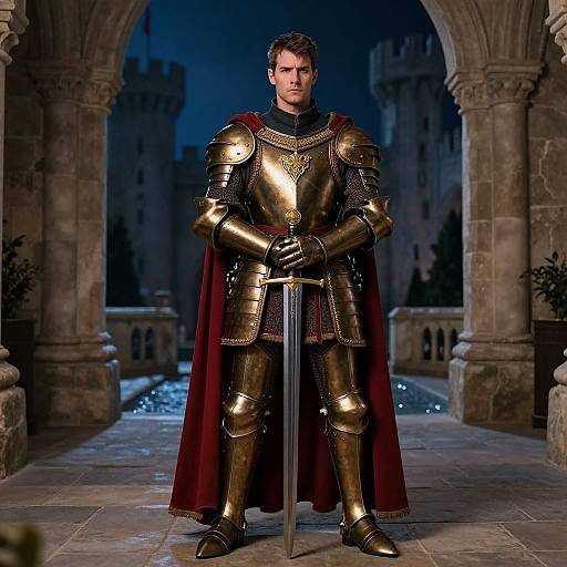 Photograph of a serious, armored knight with golden armor, red cape, and sword, standing in a stone, moonlit courtyard.