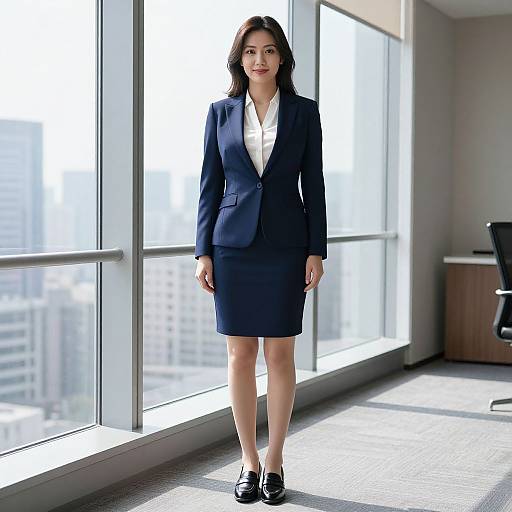 Photograph of an Asian woman with long black hair, wearing a navy blazer, white shirt, knee-length skirt, and black loafers, standing