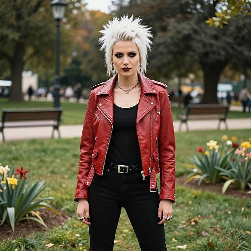 Photograph of a white-haired, pale-skinned woman with dark makeup, wearing a spiked mohawk, red leather jacket, black top, and pants
