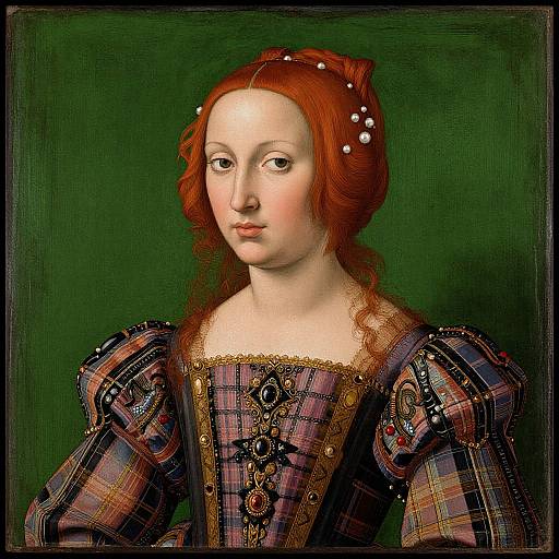 Renaissance-style portrait of a pale-skinned woman with red hair, adorned with pearls, wearing an ornate, plaid, puffed-s
