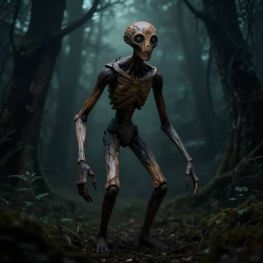 Digital artwork of a skeletal, humanoid creature with elongated limbs and hollow eyes, standing in a dark, misty forest.