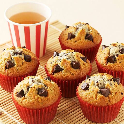 Photograph of eight chocolate-chip muffins with a crunchy top, in red liners, beside a red-and-white striped cup on a bamboo mat.