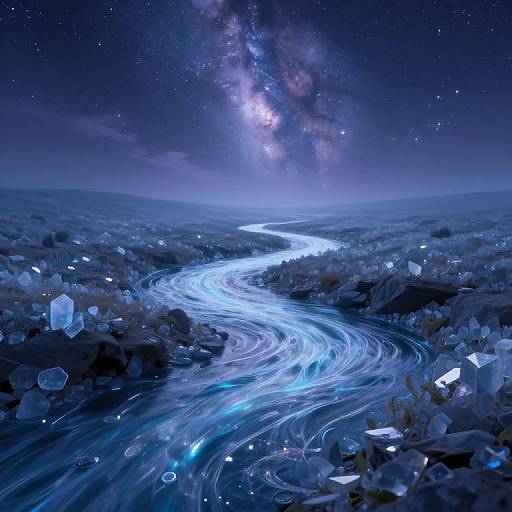 Digital art: Glowing blue river snakes through a rocky, starlit landscape under a vibrant Milky Way, with floating ice crystals and luminescent plants