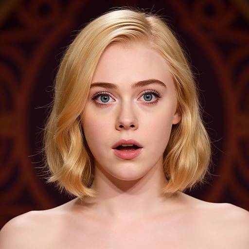 Photorealistic digital portrait of a fair-skinned woman with short blonde hair, blue eyes, and parted lips, against a dark, patterned background