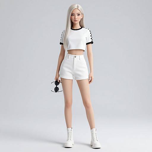 Photorealistic CGI of a blonde woman with long hair, wearing a white crop top, high-waisted white shorts, white boots, holding black