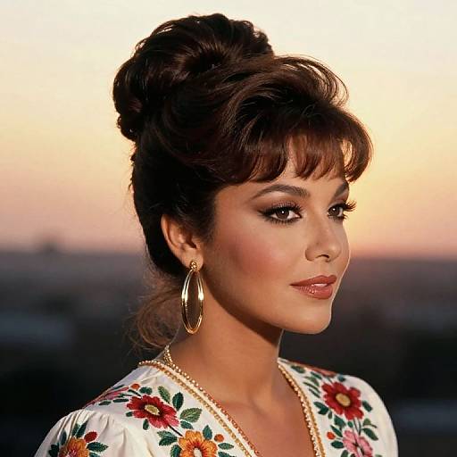 Photograph of a glamorous woman with dark hair in an updo, wearing large gold hoop earrings, floral dress, and pearl necklace, against a sunset