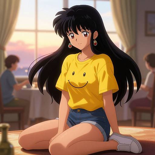 Anime-style drawing of a black-haired girl in a yellow smiley-shirt and denim shorts, sitting on a table in a sunlit room with blurred people