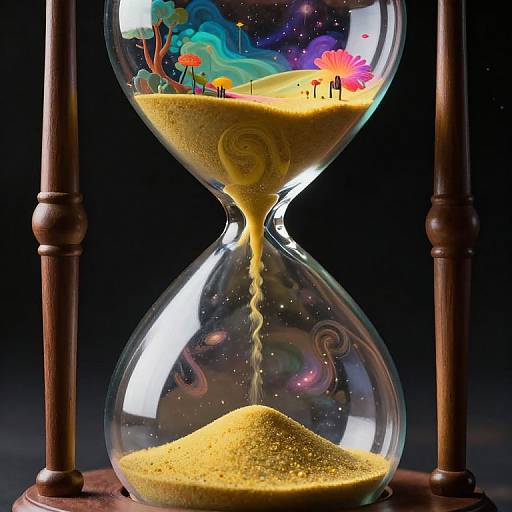 Photograph of a surreal hourglass with a colorful, whimsical landscape inside the top glass bulb, sand pouring from the top to the bottom, with