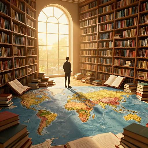 Surreal Library with World Map Floor
