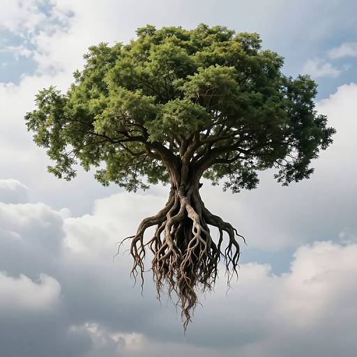 Photograph of a large, floating tree with sprawling, exposed roots against a cloudy blue sky, creating a surreal, magical effect.
