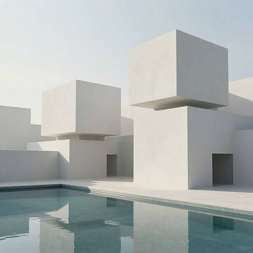 Photograph of a minimalist, white geometric modernist building with floating cube-like structures, featuring a serene blue swimming pool in the foreground.