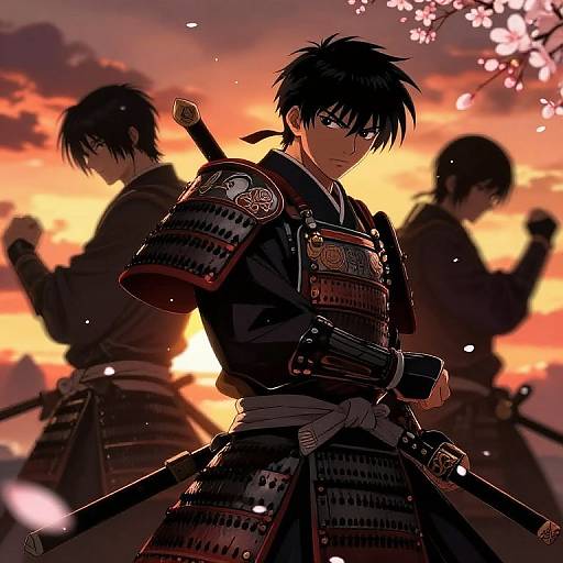 Anime-style digital illustration: Samurai with black hair and intense expression, wearing detailed armor, stands against a vibrant sunset, with two silhouetted comrades
